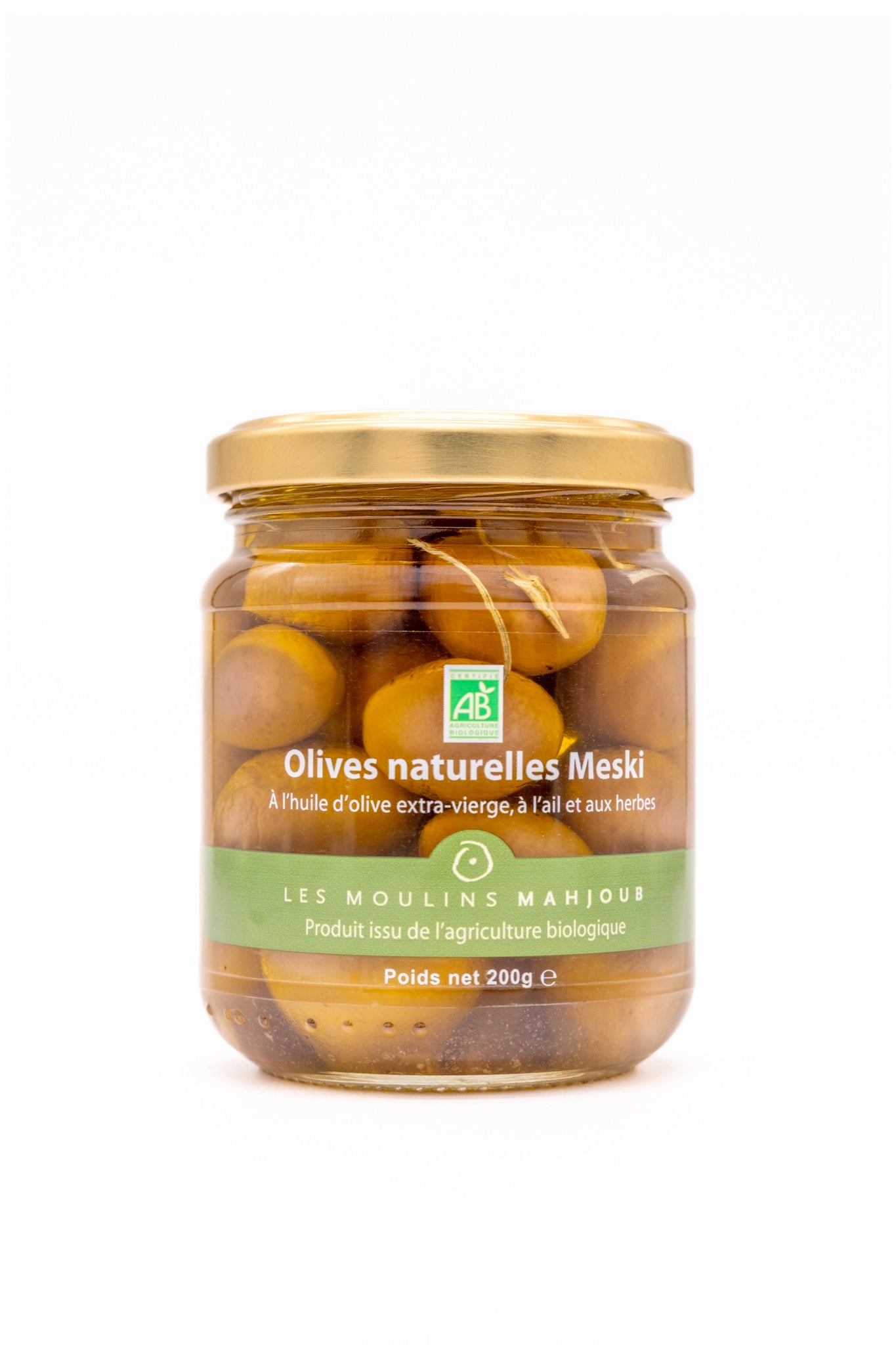 Olives Meski bio à l'huile d'olive, ail et herbes 200g — Les Moulins Mahjoub