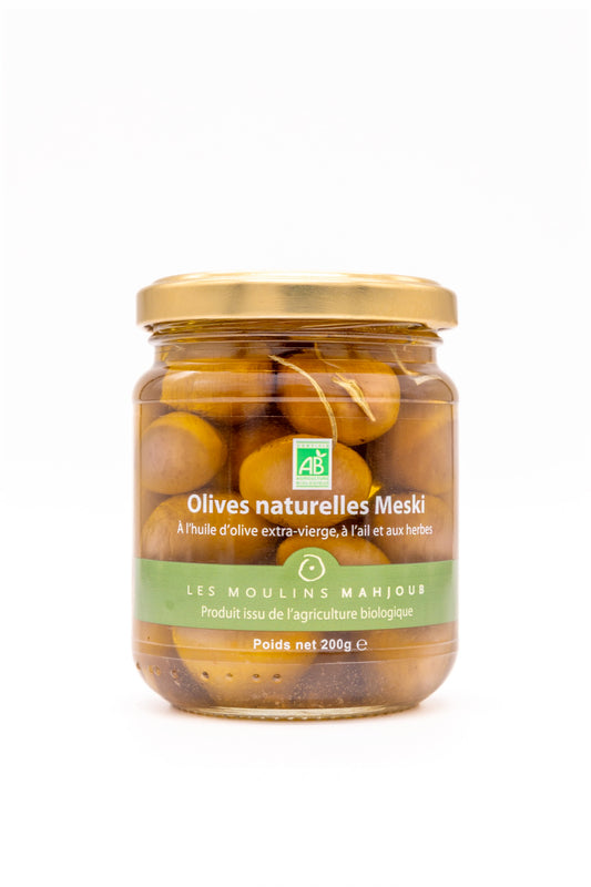 Olives Meski bio à l'huile d'olive, ail et herbes 200g — Les Moulins Mahjoub